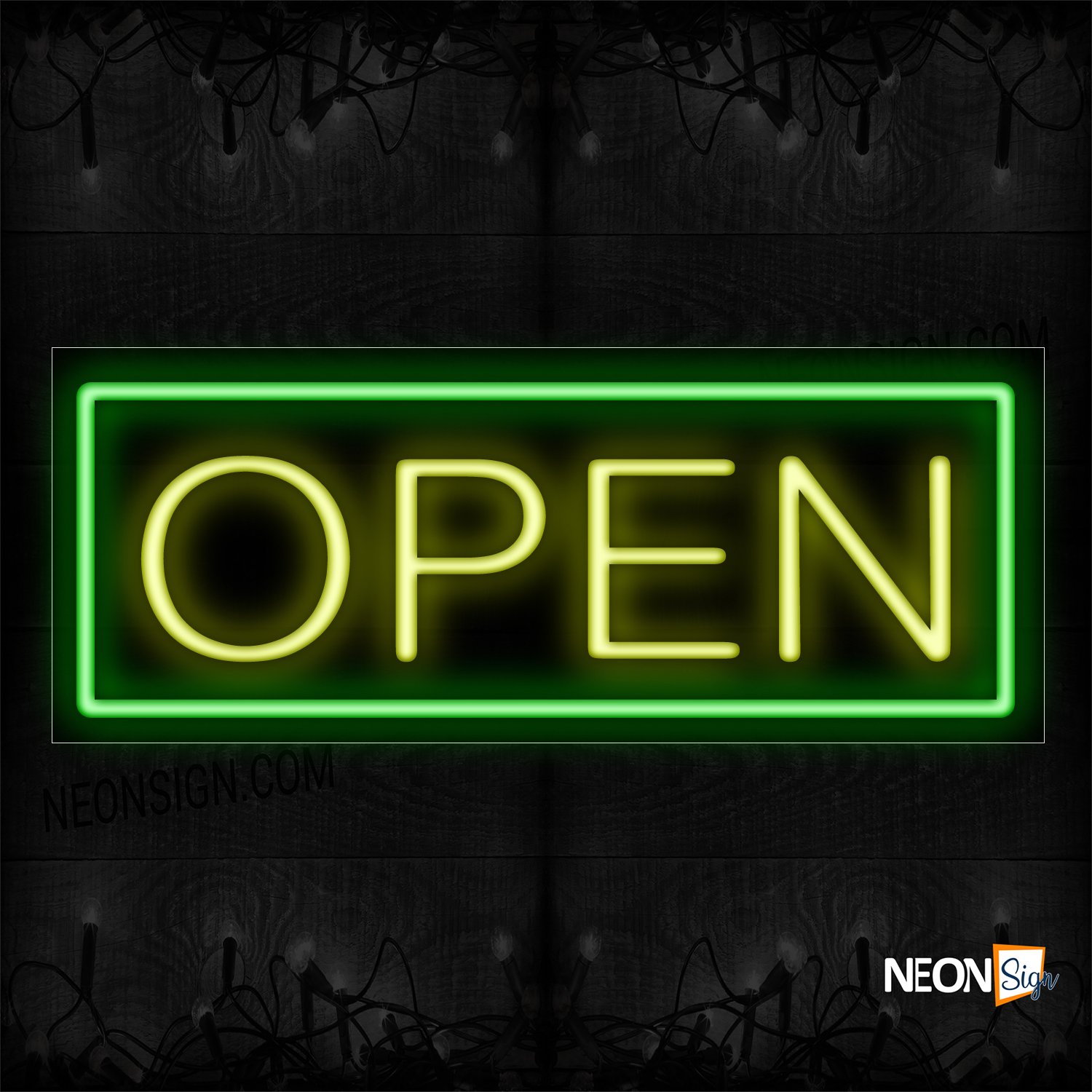 Image of Open in Yellow With Green Border Neon Sign