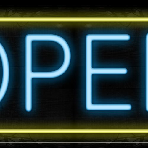 Image of Open in aqua and Yellow Border Neon Sign