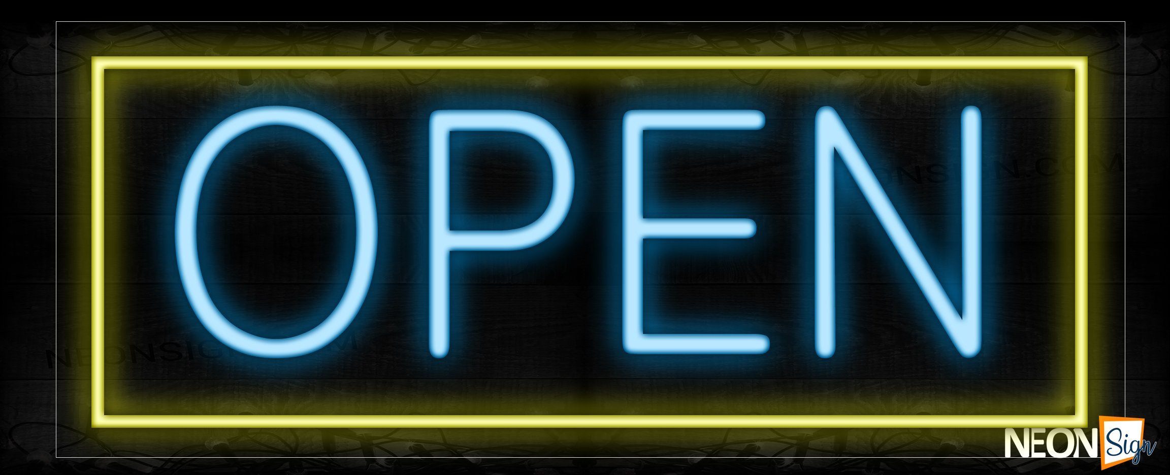 Image of Open in aqua and Yellow Border Neon Sign