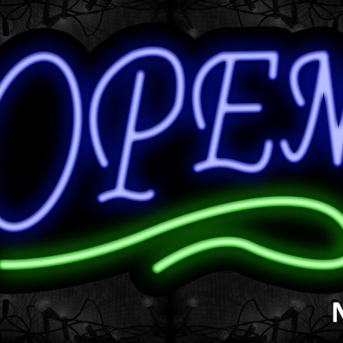 Image of Open (Blue Text) With Green Wavy Line (Neon Sign)