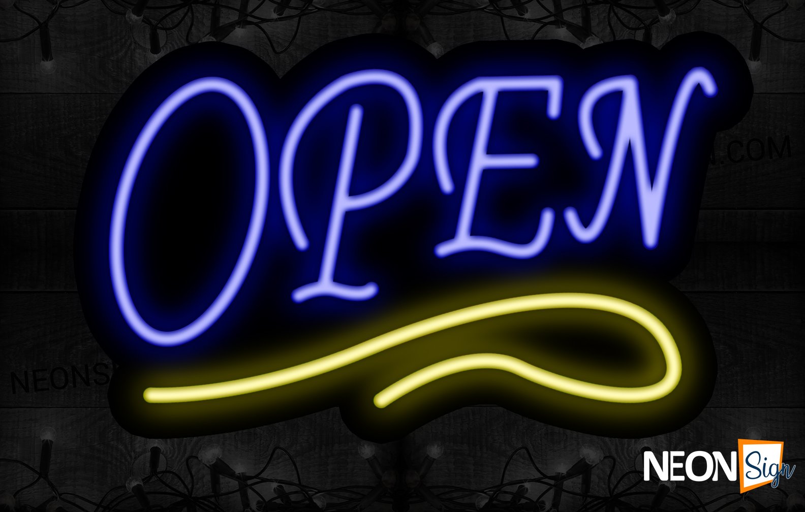 Image of Open in blue With Yellow Neon Sign