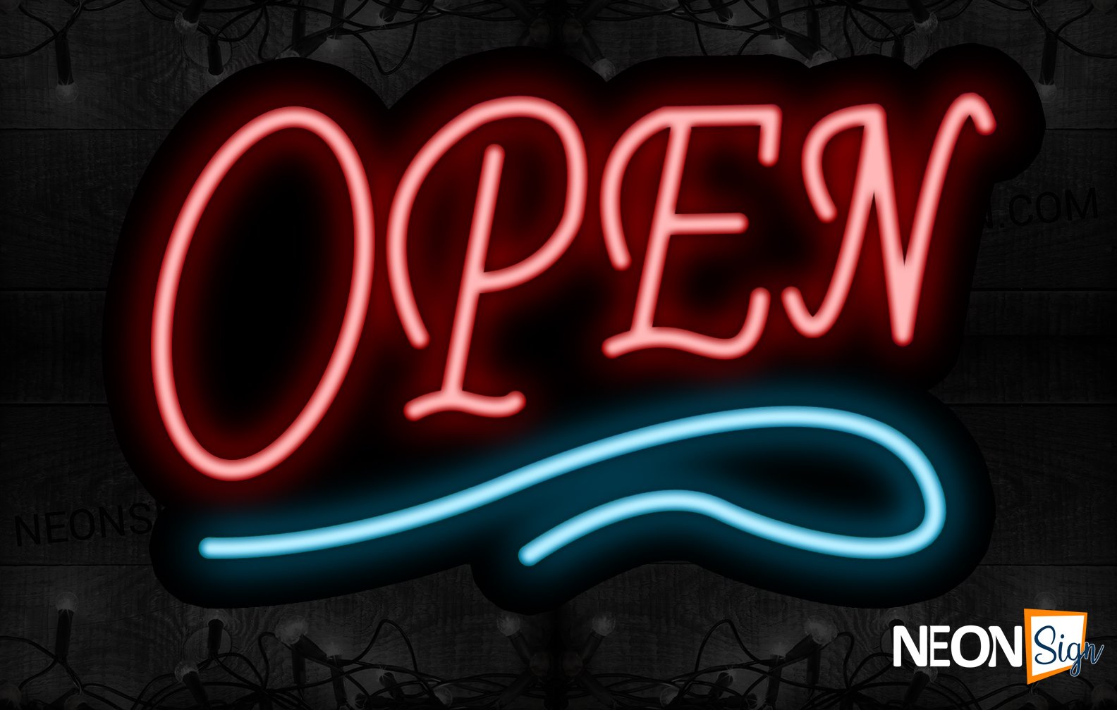 Image of Open (Red Text) With Wavy Line Neon Sign