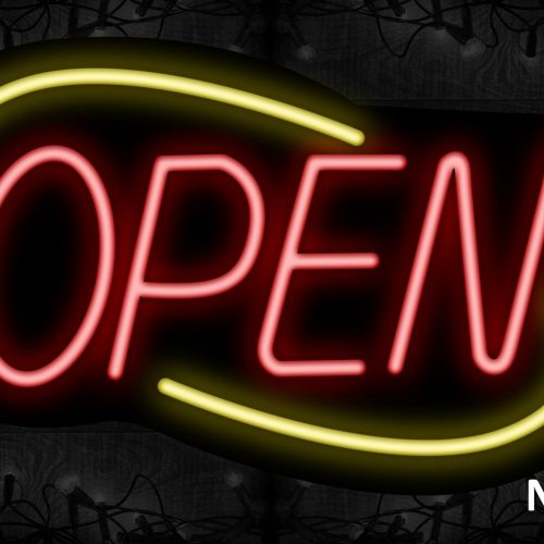 Image of Open (Red Text) With Yellow Arc Border Neon Sign
