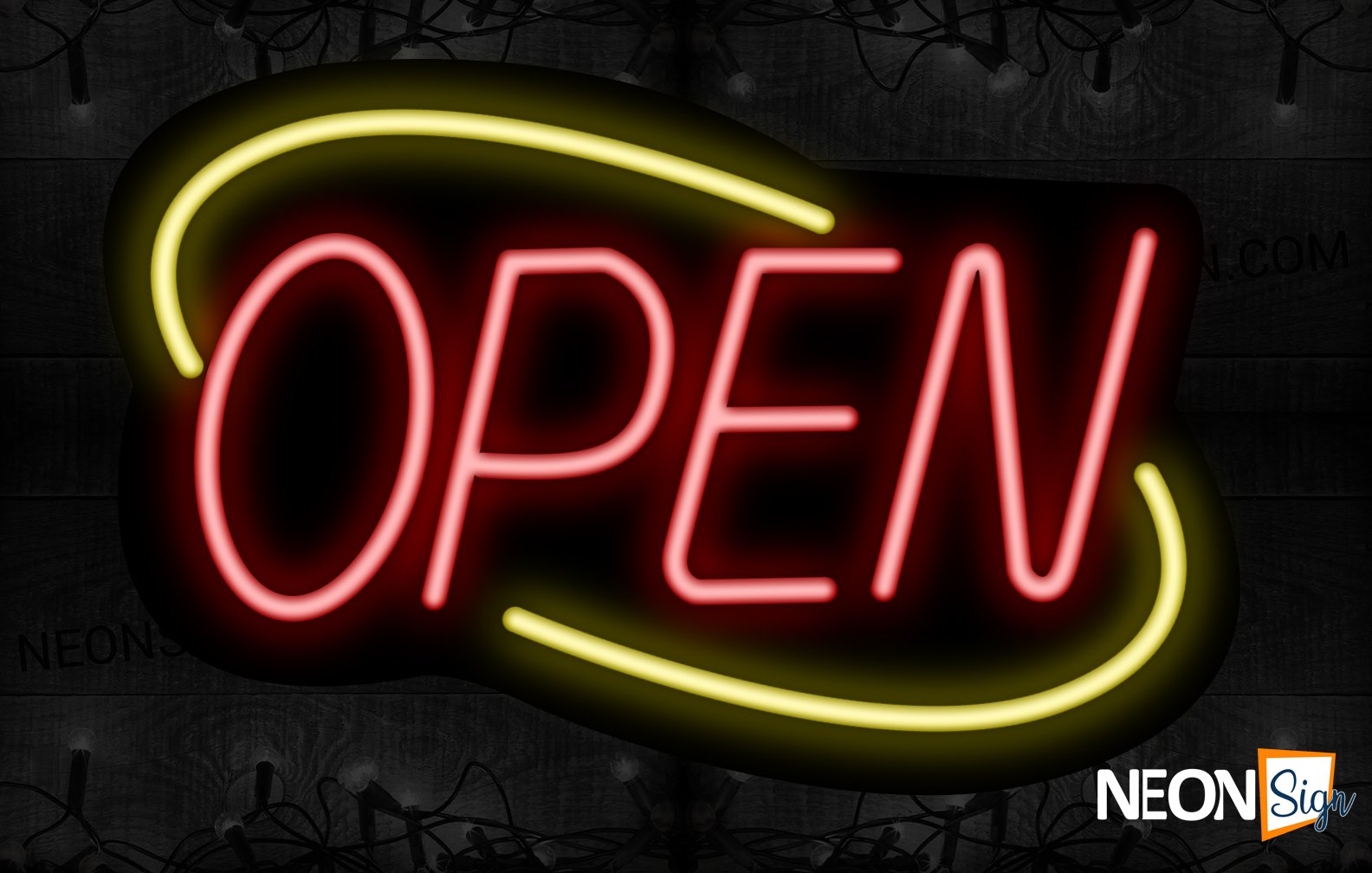 Image of Open (Red Text) With Yellow Arc Border Neon Sign