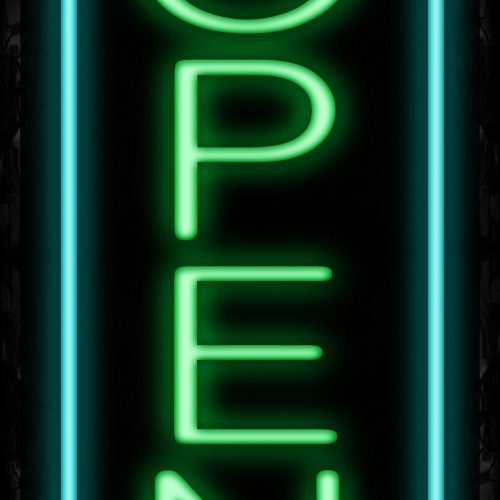 Image of Open in Green With Aqua Border Neon Sign