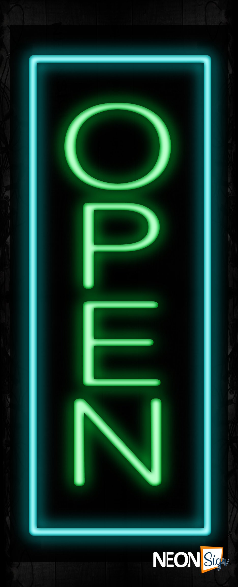 Image of Open in Green With Aqua Border Neon Sign