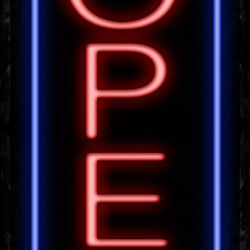 Image of Open With Blue Vertical Border Neon Sign - Vertical