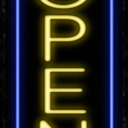 Image of Open in Yellow With Blue Vertical Border Neon Sign