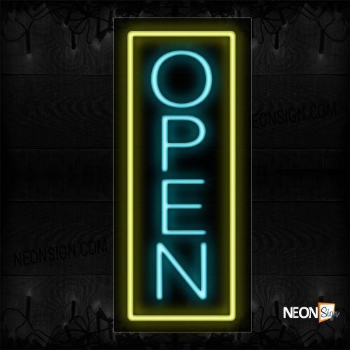 Image of Open in aqua With Yellow Vertical Border Neon Sign