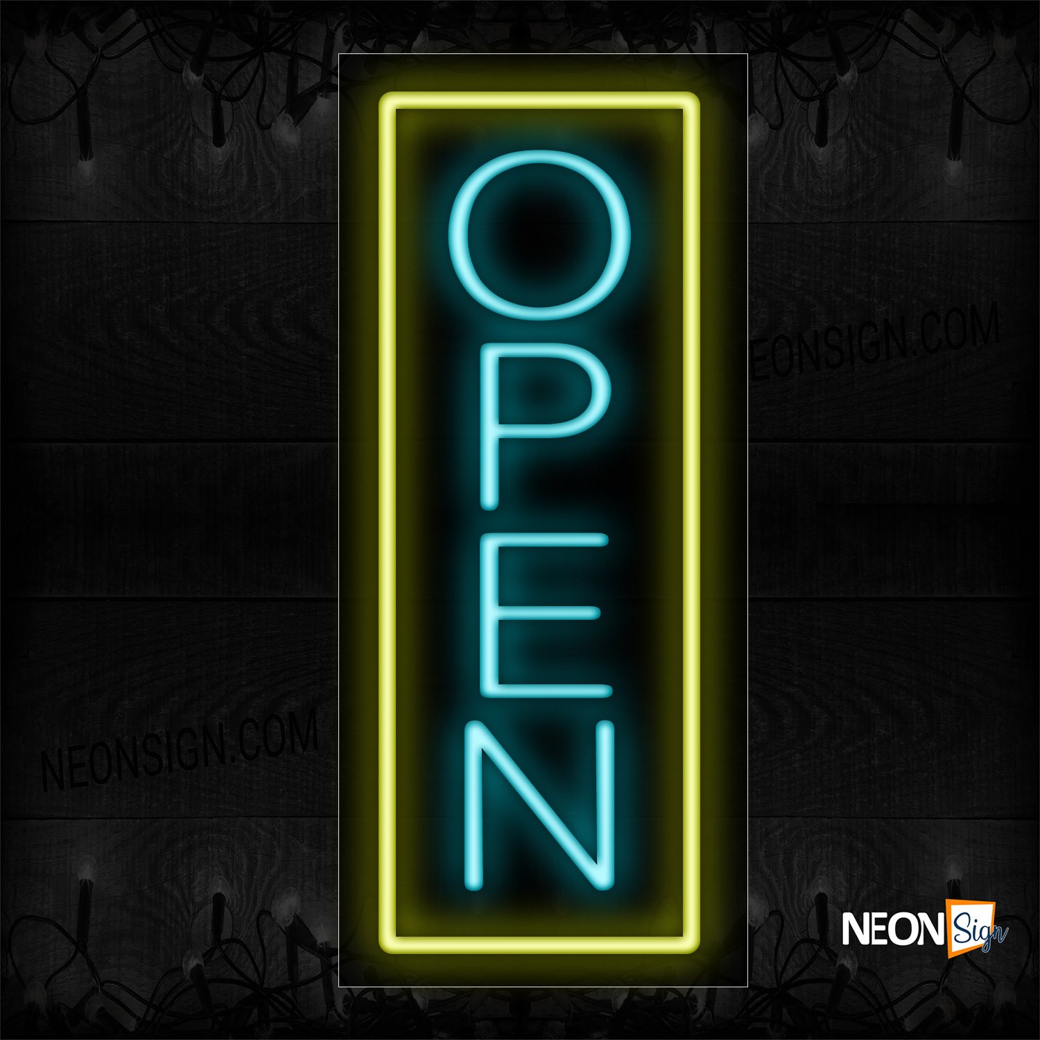 Image of Open in aqua With Yellow Vertical Border Neon Sign