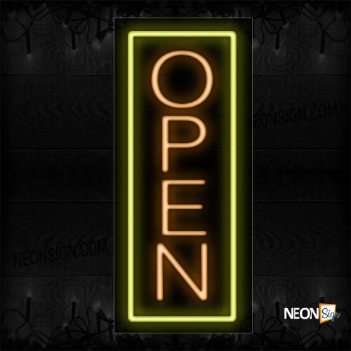 Image of Open in orange With Yellow Vertical Border Neon Sign