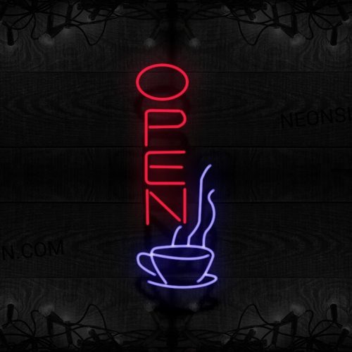 Image of Open In Red With Cup (Vertical) Neon Sign