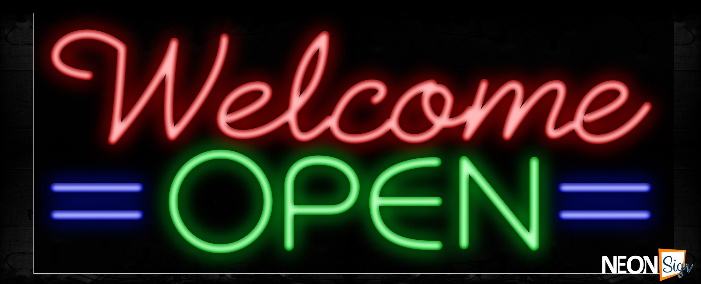 Image of Welcome Open in red and green With Blue Lines Neon Sign