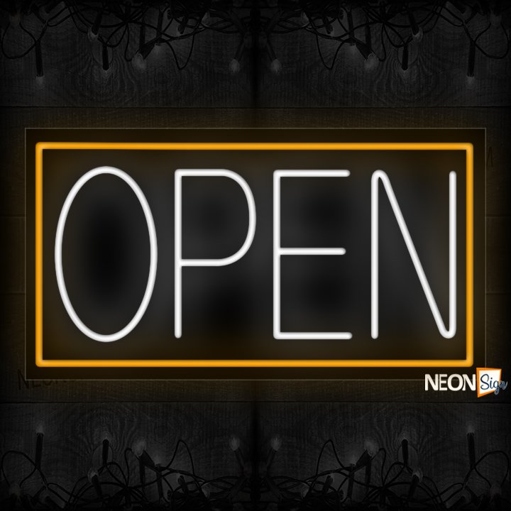 Image of Open in white With Orange Border Neon Sign