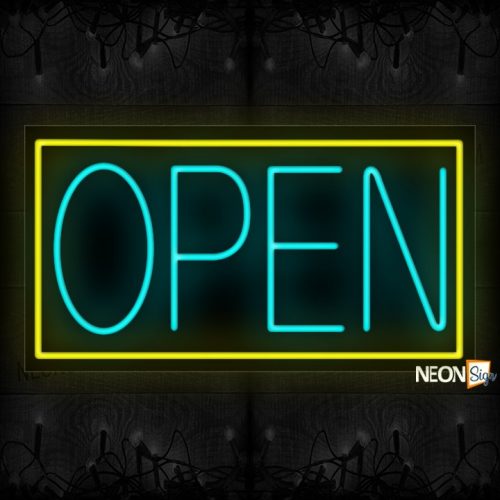 Image of Open in aqua With Yellow Border Neon Sign