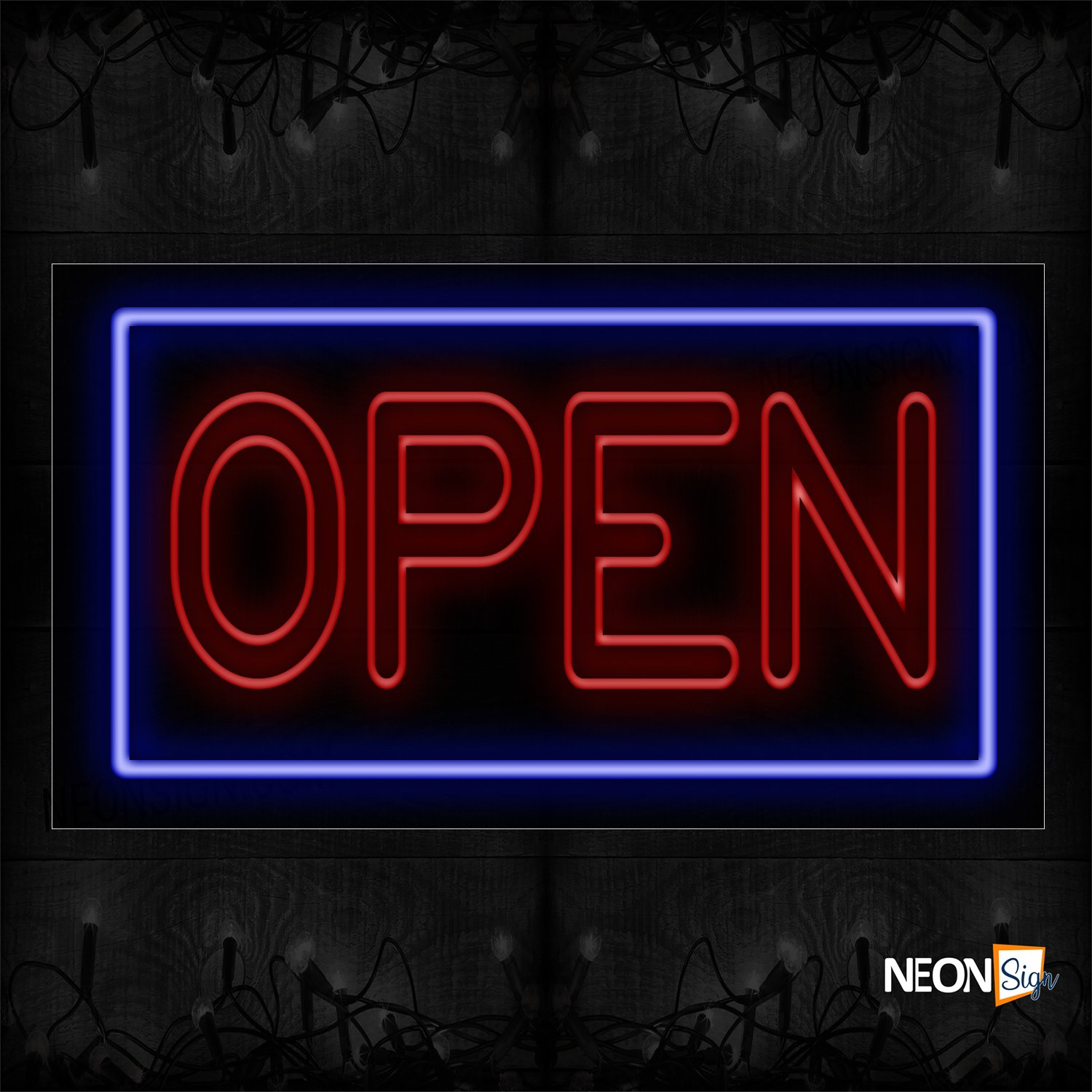 Image of Open (Double-Stroke; Red Text Color) With Blue Border Neon Sign