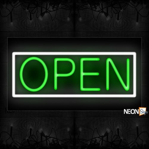 Image of Open in green and White Border Neon Sign