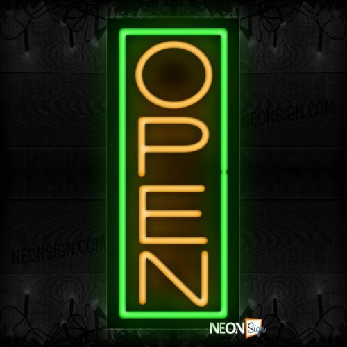 Image of Open in orange With Green Vertical Border Neon Sign