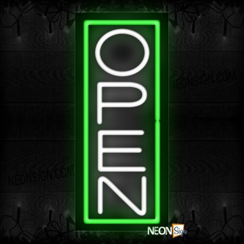 Image of Open in white With Green Vertical Border Neon Sign