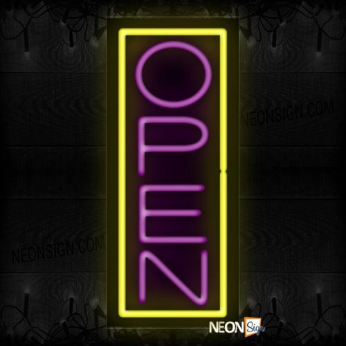 Image of Open in purple and Yellow Vertical Border Neon Sign