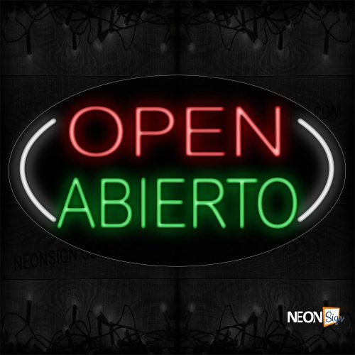 Image of Open Abierto 2 Lines All Caps On White Ellipse Traditional Neon
