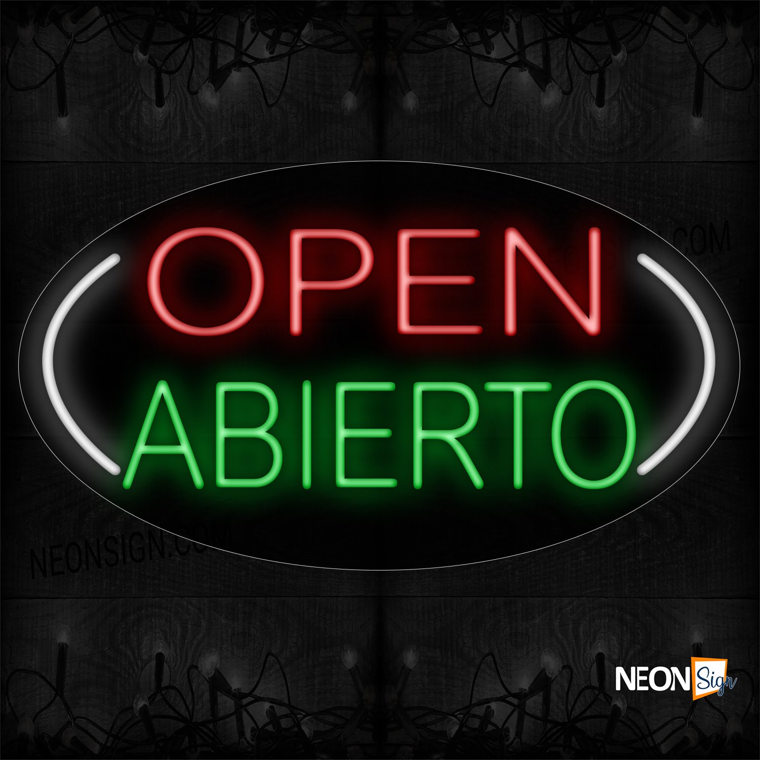 Image of Open Abierto 2 Lines All Caps On White Ellipse Traditional Neon