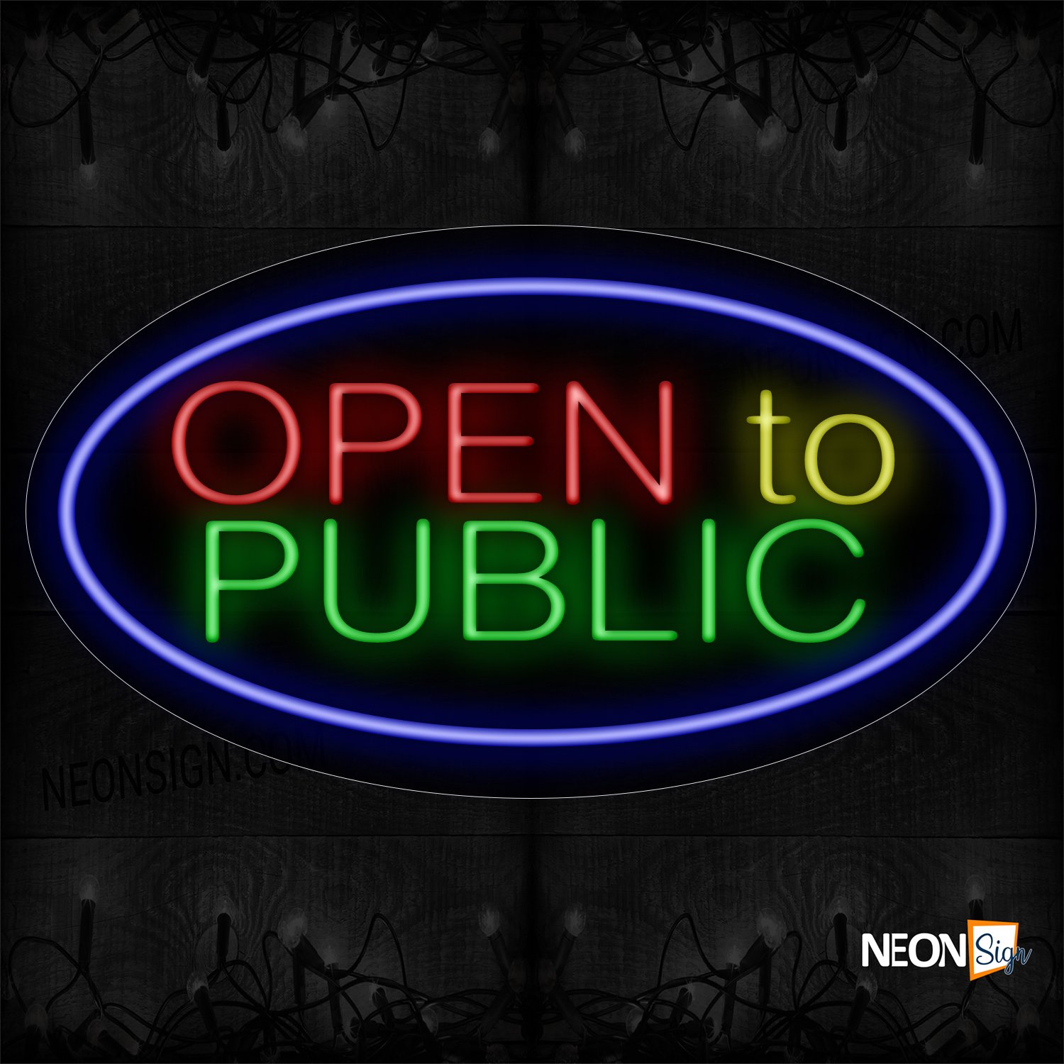 Image of Open To Public With Blue Oval Border Neon Sign