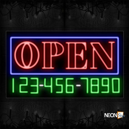 Image of Double Stroke Open And Phone Number With Blue Border Neon Sign