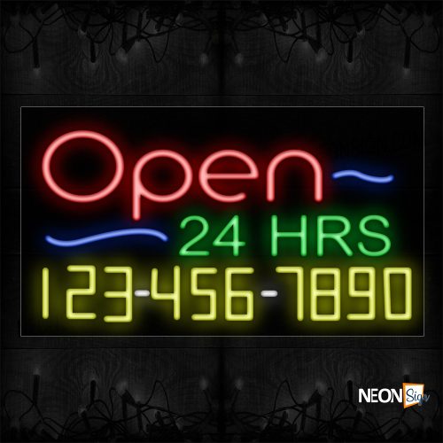 Image of Open 24 Hrs Phone # And Blue Lines Neon Sign