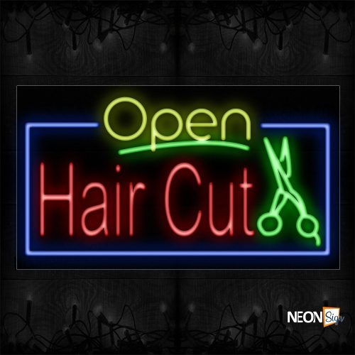 Image of Open Haircut And Scissor With Blue Border Neon Sign