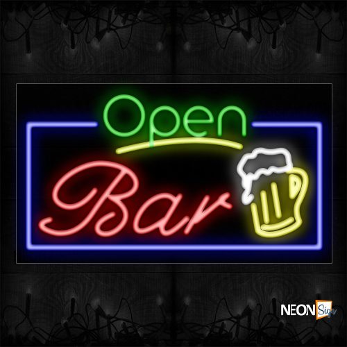 Image of Open Bar With Blue Border And Beer Mug Neon Sign
