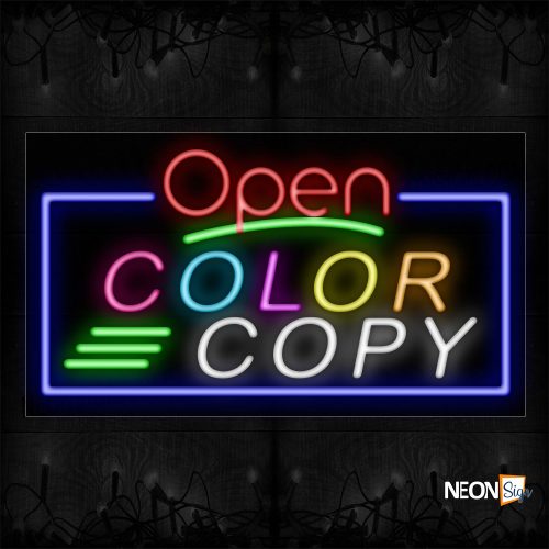 Image of Open Color Copy With Green Lines And Blue Border Neon Sign