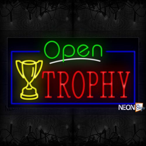 Image of Open Trophy With Logo And Blue Border Neon Sign