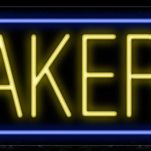 Image of 10179 Bakery in yellow with blue border Neon Sign_13x32 Black Backing