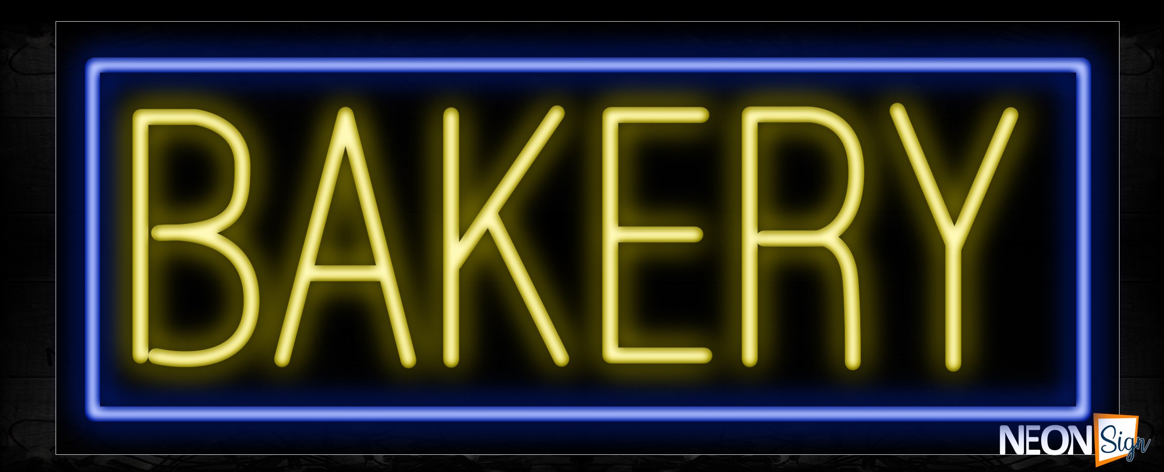 Image of 10179 Bakery in yellow with blue border Neon Sign_13x32 Black Backing