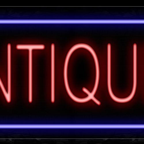 Image of 10204 Antiques In Red With Blue Border Neon Sign_20x37 Contoured Black Backing