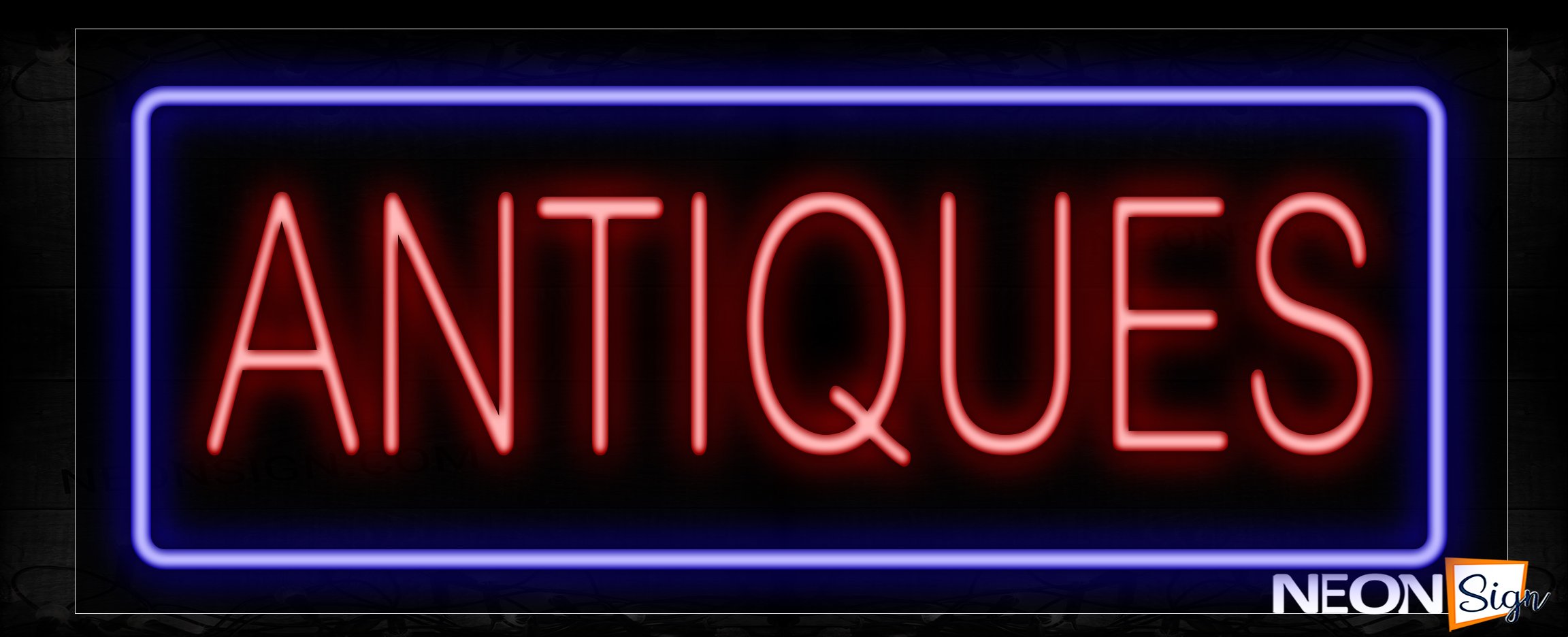 Image of 10204 Antiques In Red With Blue Border Neon Sign_20x37 Contoured Black Backing