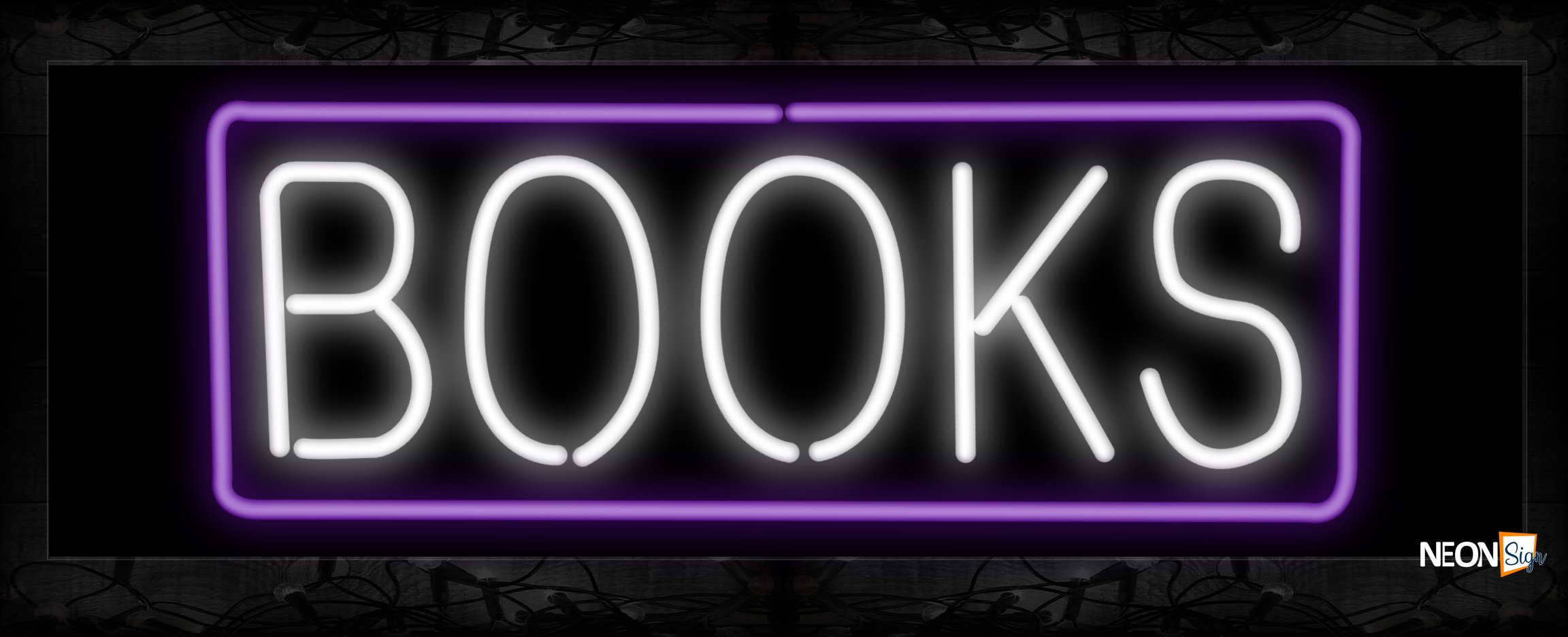 Image of 10213 Books in white with purple border Neon Sign 13x32 Black Backing