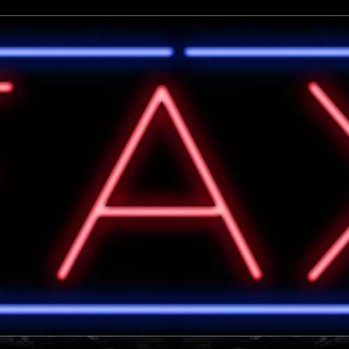 Image of 10240 Fax in red with blue border Neon Sign_13x32 Black Backing
