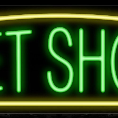 Image of 10279 Pet Shop in green with yellow border Neon Sign_13x32 Black Backing