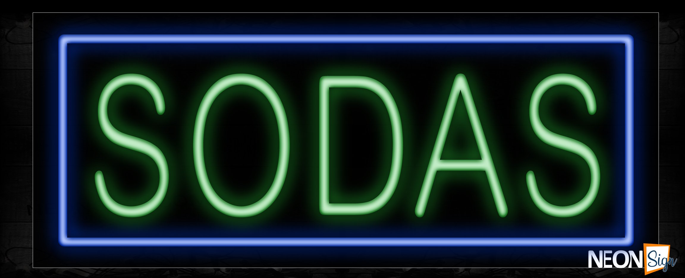 Image of 10293 Sodas in green with blue border Neon Sign_13x32 Black Backing