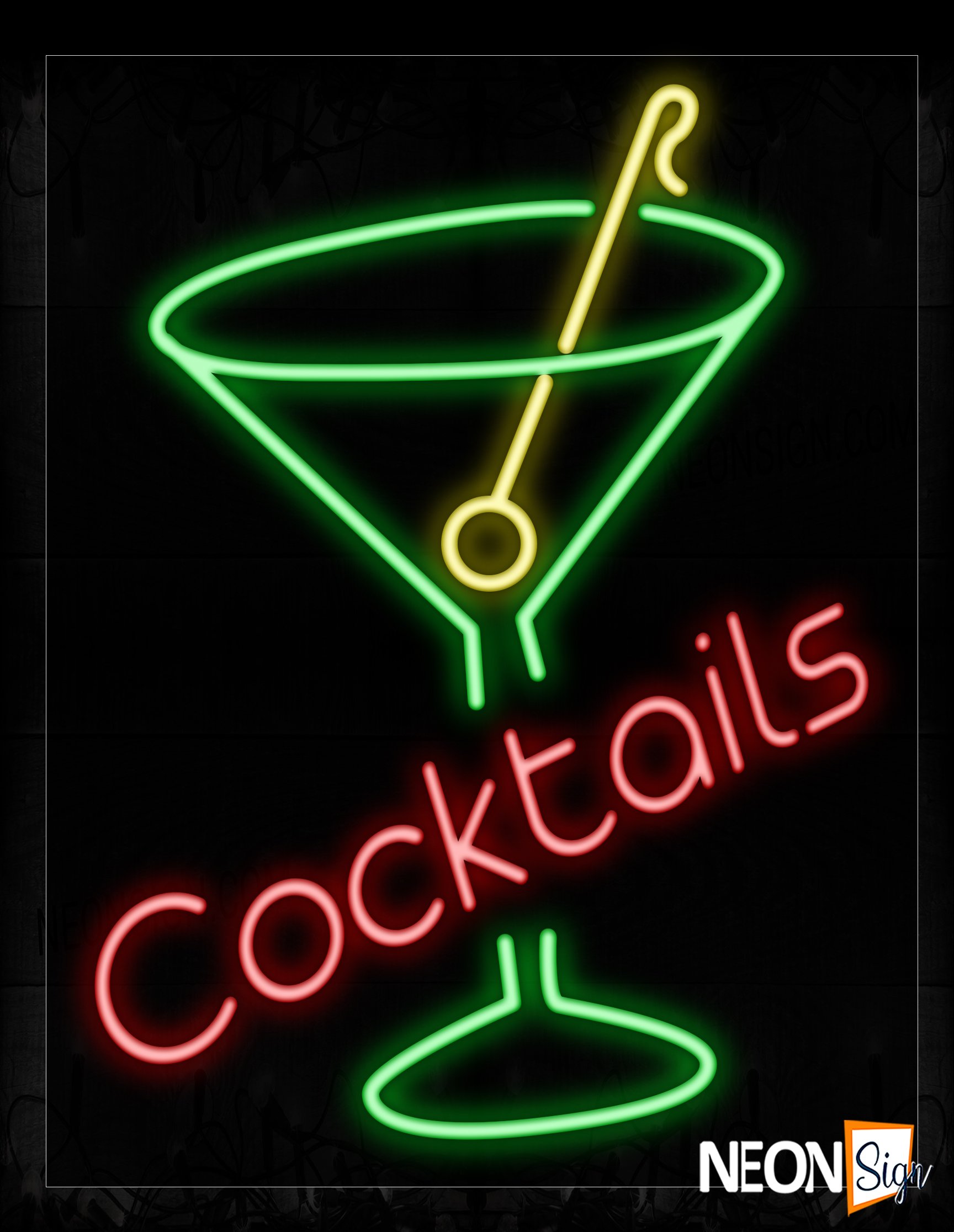 Image of 10439 Cocktails With Martini Glass Neon Signs_24x31 Black Backing