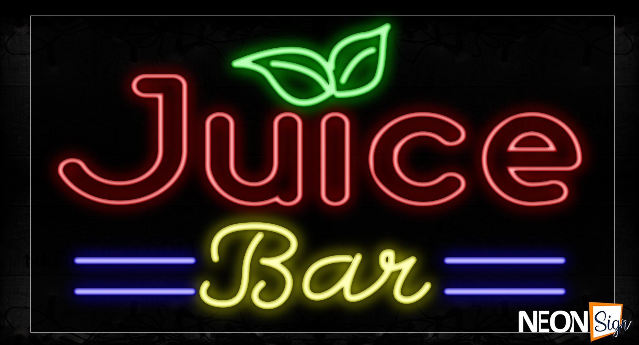 Image of 10461 Double Stroke Juice Bar With Blue Lines And Leaves Neon Signs_20x37 Black Backing