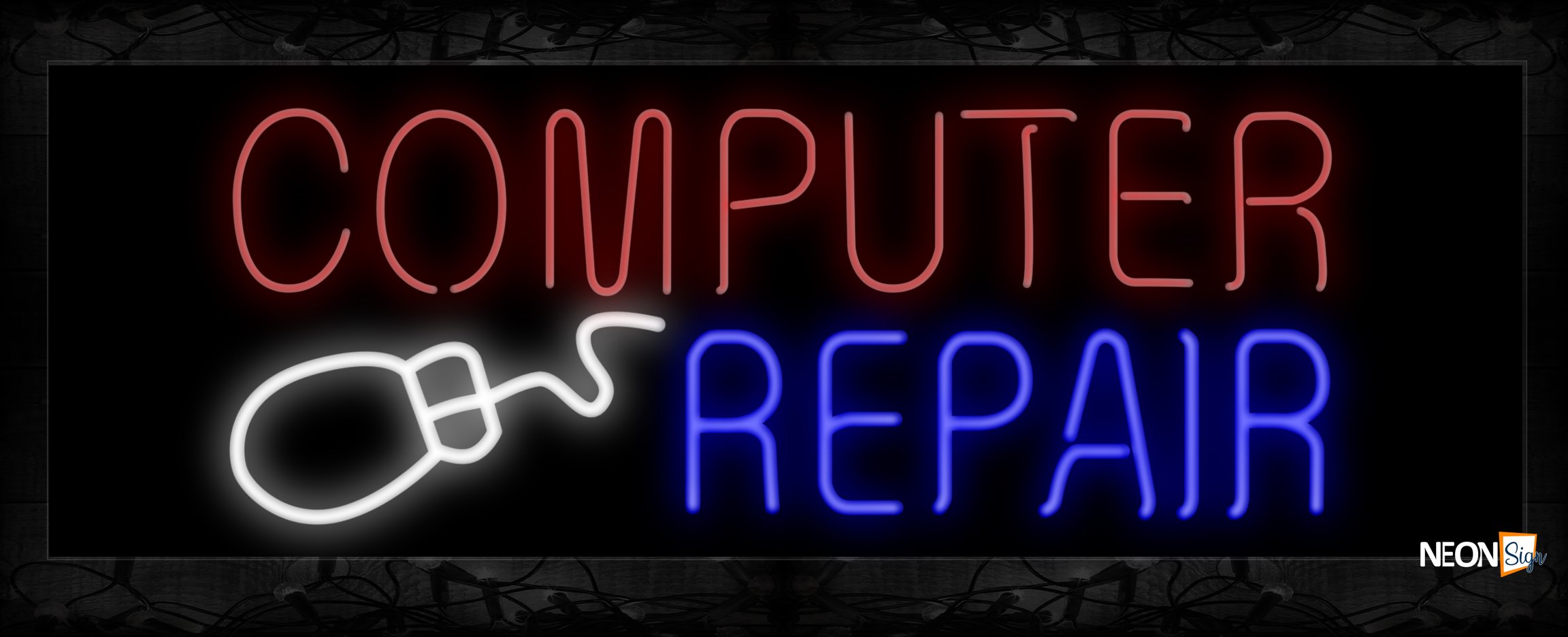 Image of 10477 Computer Repair with mouse logo Neon Sign 13x32 Black Backing