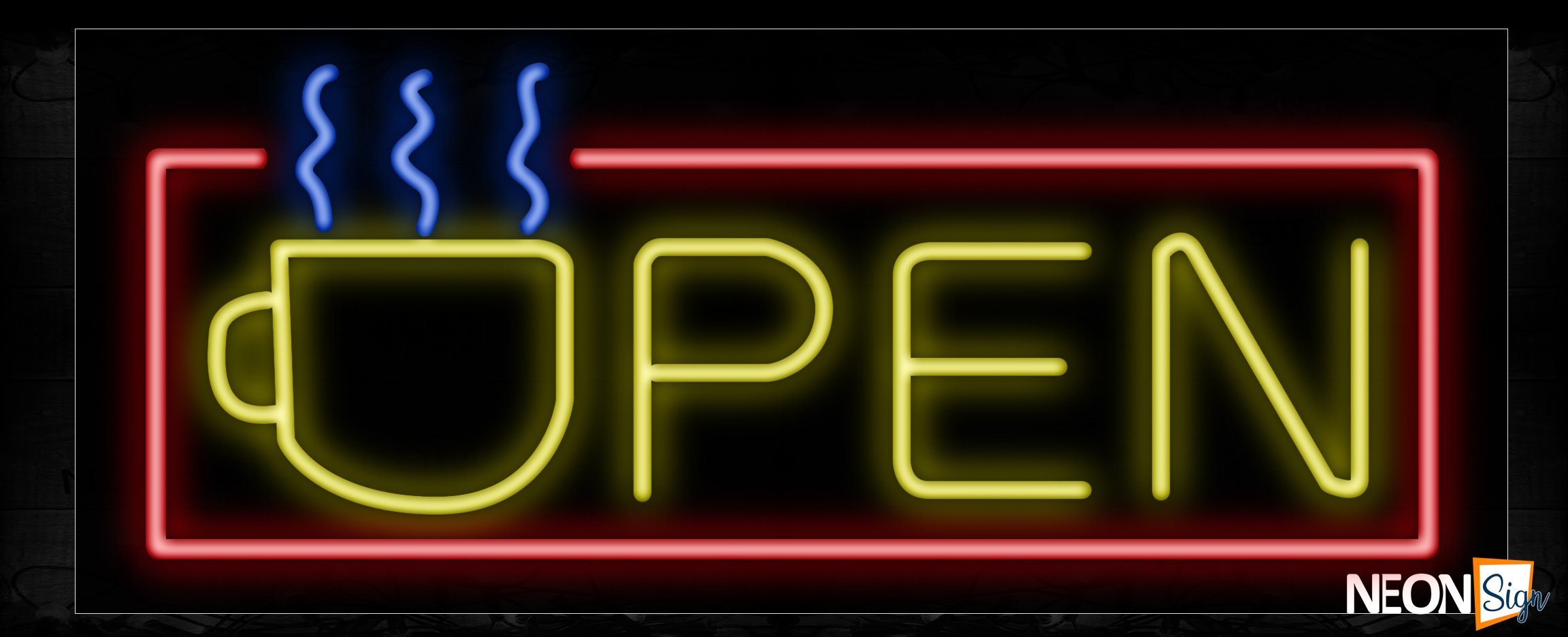 Image of 10484 Open in yellow with red border and cup of coffee Neon Sign_13x32 Black Backing