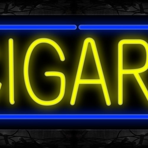 Image of 10526 Cigars in yellow with blue border Neon Sign 13x32 Black Backing