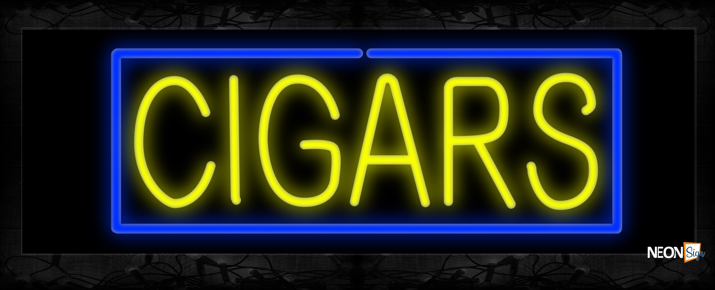 Image of 10526 Cigars in yellow with blue border Neon Sign 13x32 Black Backing