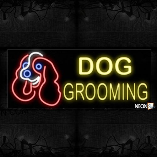 Image of 10538 Dog Grooming with dog face logo Neon Sign_13x32 Black Backing