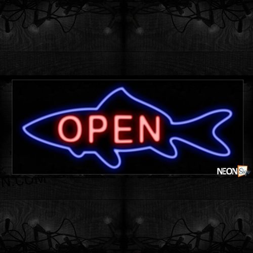 Image of 10595 Open with fish shark logo Neon Sign_13x32 Black Backing