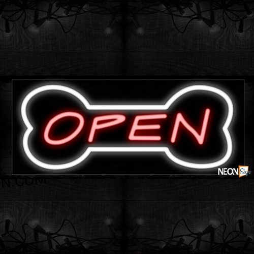 Image of 10597 OPEN in red with white bone border Neon Sign_13x32 Black Backing